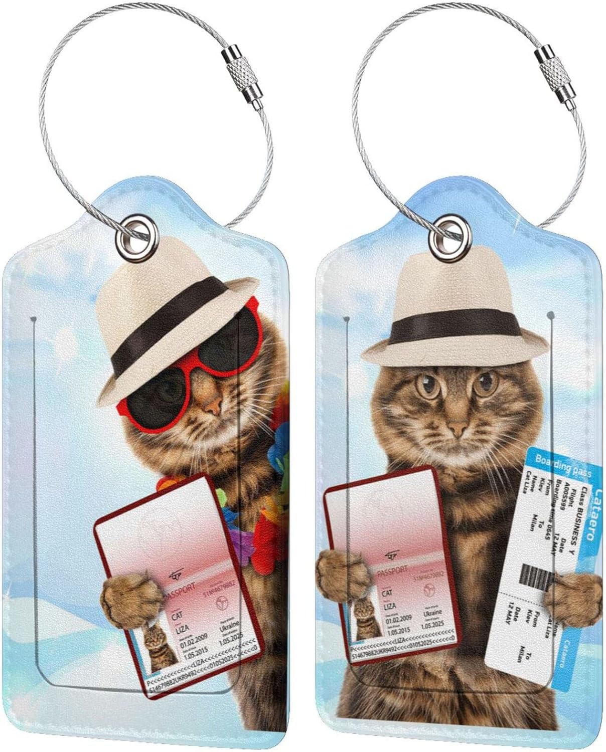 2 Pack Funny Cat Luggage Tags for Suitcases Women Men Kids, Bag Tags for Leather Luggage with Waterproof Suitcase Tags Privacy Cover Name ID Label Steel Loop for Travel Bag Suitcase (Funny Cat)