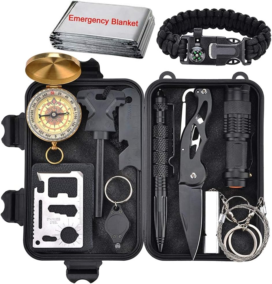 XUANLAN Emergency Survival Kit 13 in 1, Outdoor Survival Gear Tool with Survival Bracelet, Fire Starter, Whistle, Wood Cutter, Water Bottle Clip, Pen (Survival Kit 2)