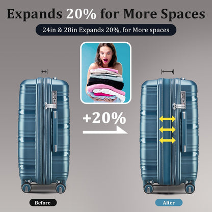 4-Piece Expandable Hardshell Luggage Set with TSA Lock (14/20/24/28) - Lightweight PP Suitcases, 360° Silent Spinner Wheels and Durable 100LB Handle for Air Travel (Peacock Blue)