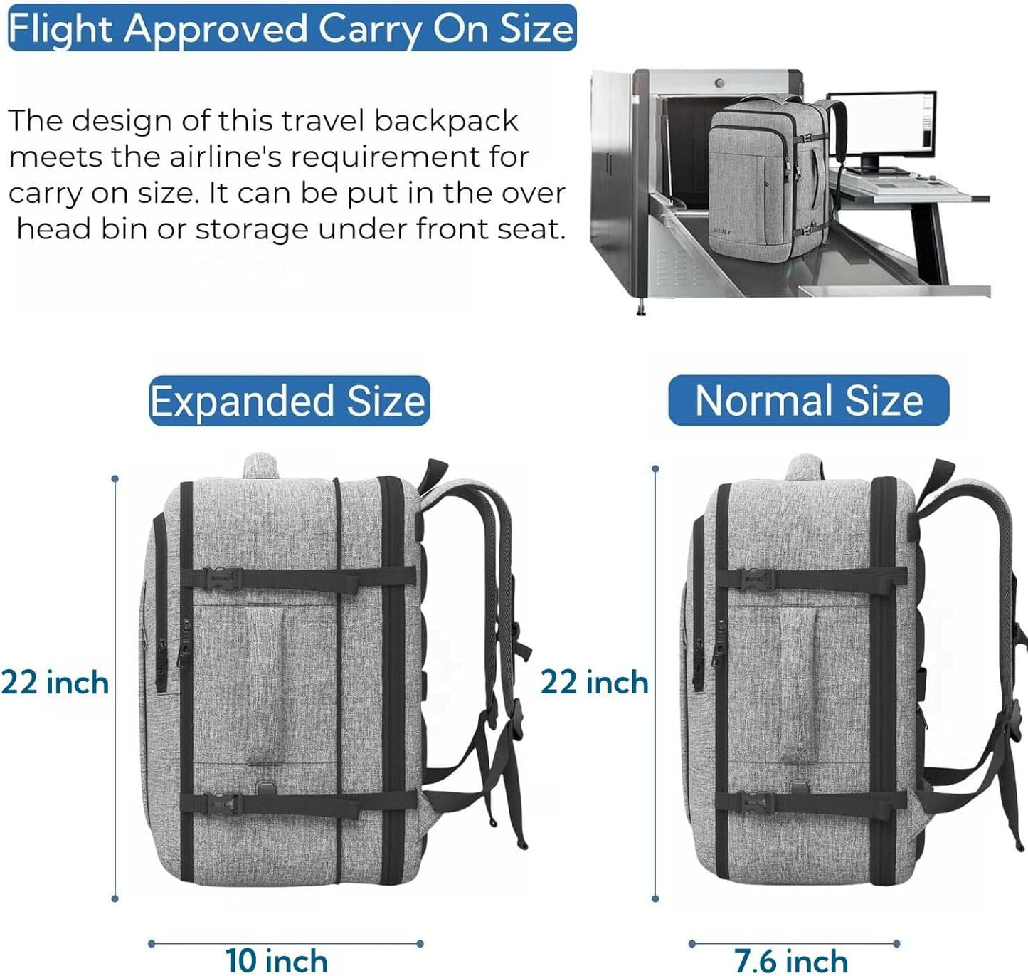 55L Carry On Backpack, Extra Large Travel Backpack for Men & Women, Expandable Big Capacity For Airplanes, Travel Gifts for Men Women, Fits 18.4 Inch Laptop, Luggage Suitcase Daypack Bag, Grey
