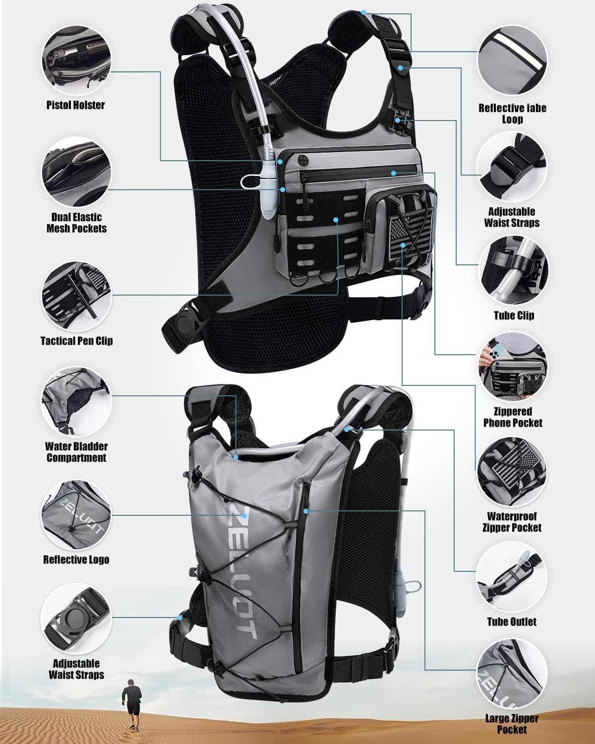Running Vest with 2L Water Bladder, USA Original Patent, Lightweight Adjustable Chest Pack with Pistol Holster, Reflective Running Hydration Vest for Women Men for Marathon