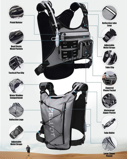 Running Vest with 2L Water Bladder, USA Original Patent, Lightweight Adjustable Chest Pack with Pistol Holster, Reflective Running Hydration Vest for Women Men for Marathon
