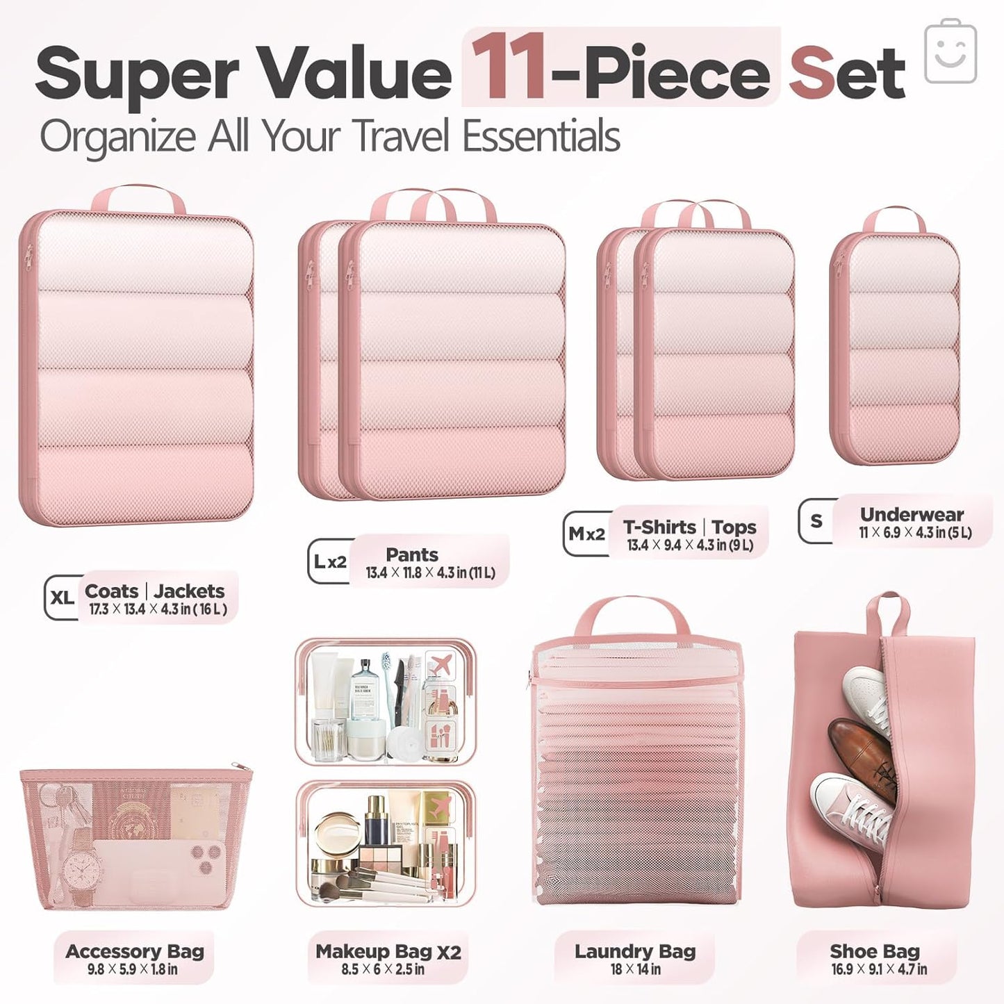 Veken 11 Set Compression Packing Cubes for Travel Essentials,Compressible Expandable Large Luggage Suitcase Organizer Bags for Clothing,Durable Space Saver Storage Bags with Toiletry Bags(Pink)