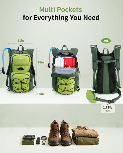 ECOHUB Hydration Backpack for Men Women, 20L Lightweight Hiking Daypack Cycling Backpack with 2L Water Bladder, Insulated Hydration Pack with Waist Pack