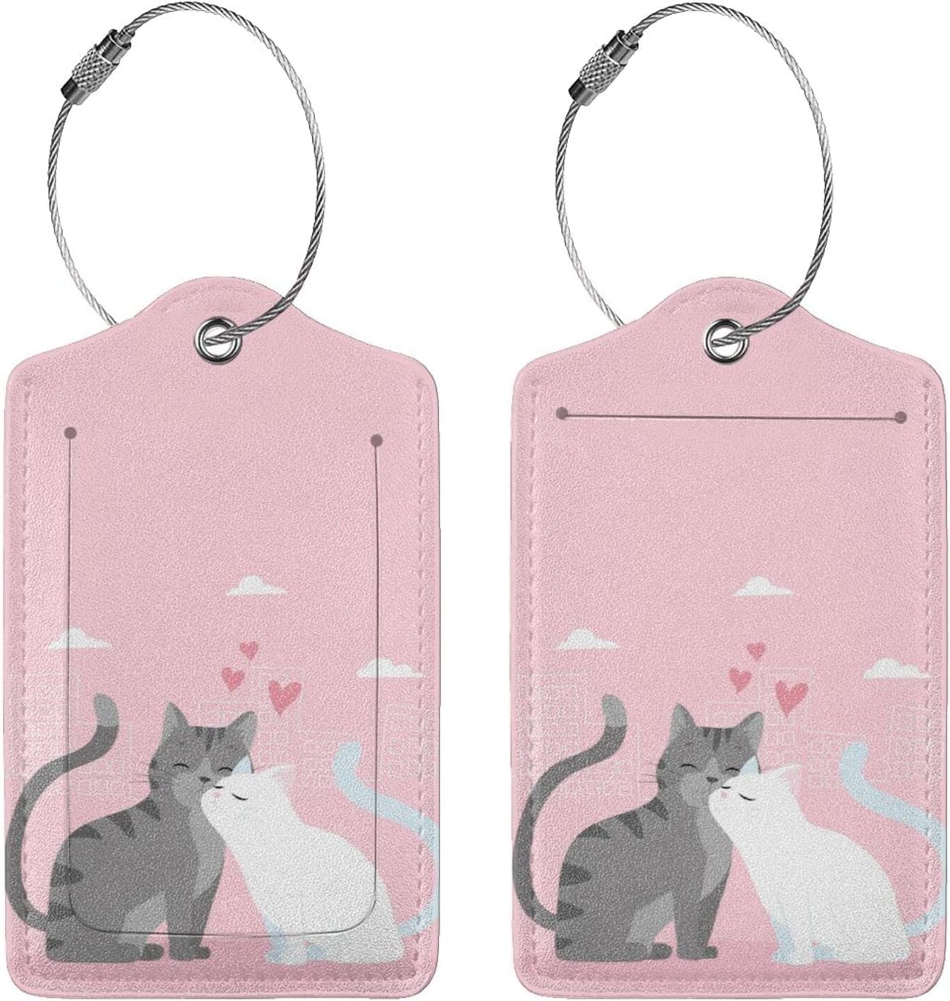 2PC Cats in Love Pattern Luggage Tag with Pink Background, Sublimation Printed Travel Suitcase Baggage Identifiers Tags for Women Men Couple Mr Mrs Children Kids Honeymoon Wedding Gift