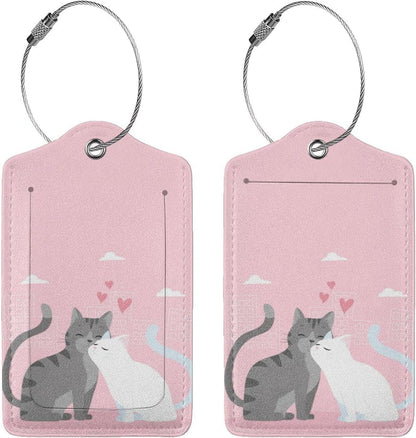 2PC Cats in Love Pattern Luggage Tag with Pink Background, Sublimation Printed Travel Suitcase Baggage Identifiers Tags for Women Men Couple Mr Mrs Children Kids Honeymoon Wedding Gift