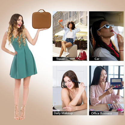 Travel Makeup Bag with LED Mirror Travel Makeup Organizer with 3 Lighted Settings, Adjustable Dividers and Makeup Brush Storage Bag Brown