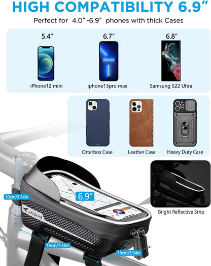 whale fall Hard Casing Bike Bag, Bike Accessories for Adult Bikes, Gifts for Men, Mens Gifts for Birthday,Bicycle Enthusiasts,Sturdy/Lighter/Waterproof, 4” - 6.9” Cellphone, Black-Reflective Strip