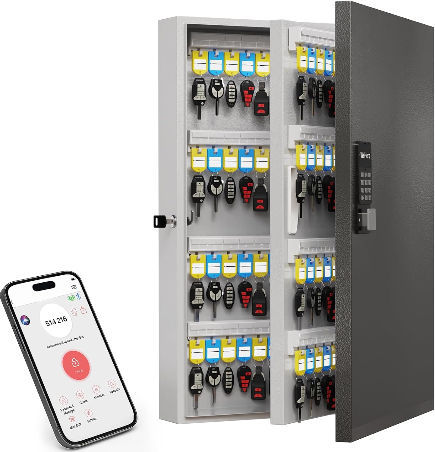 192 Key Lock Box Wall Mount, Smart Key Cabinet, One Time Password/Fixed Code/Bluetooth/Wi-Fi Remote/Key Unlock, Security Lockbox Organizer for Valets, Hotels, Car, Office Key Management & Storage