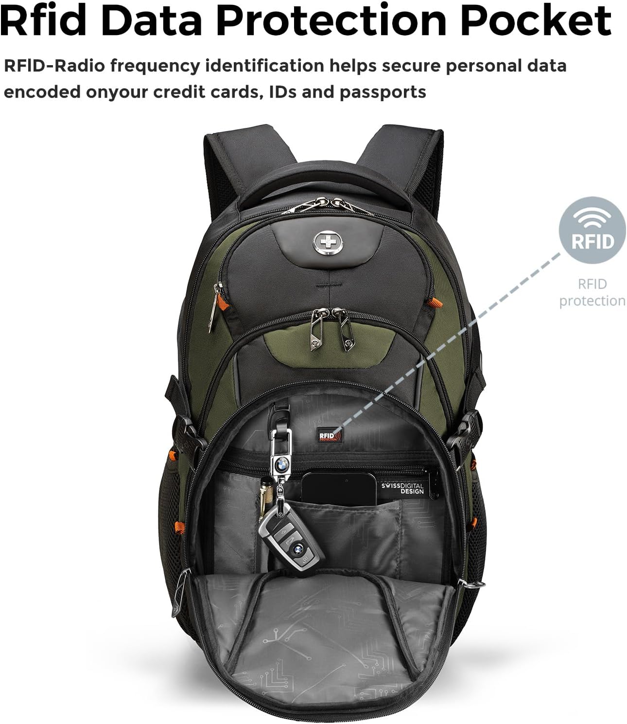 Swissdigital Design Laptop Backpack with USB Charging Port, TSA Travel Backpack Fits 15.6 inches Computer, 31L College School Backpack for Men, Olive/Black | SD803-26