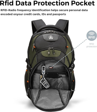 Swissdigital Design Laptop Backpack with USB Charging Port, TSA Travel Backpack Fits 15.6 inches Computer, 31L College School Backpack for Men, Olive/Black | SD803-26