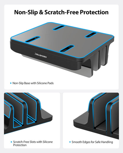 AboveTEK Vertical Laptop Stand Holder, 3 Slots Aluminum Desk Stand with Adjustable Dock Size for Tablet, MacBook, Phone - Universal Fit (up to 17.3") - Heavy Duty Polished, Anti Slide - Black