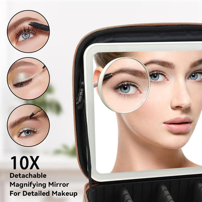 Travel Makeup Bag with LED Mirror and 10x magnifying glass with 3 Lighted Settings, Adjustable Dividers and Makeup Brush Storage Bag Brown