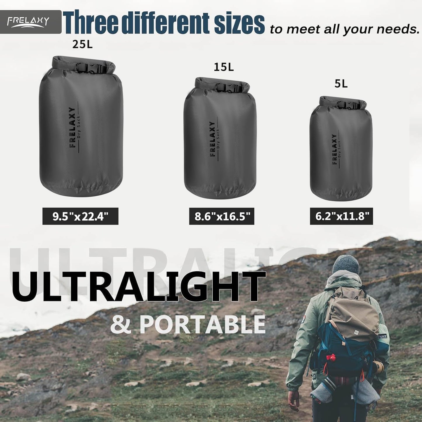 Frelaxy Waterproof Dry Bag 2 Pack/3 Pack, Lightweight Portable Dry Bags, 5L & 15L & 25L Durable Dry Sack Set Keep Gear Dry for Hiking, Camping, Boating, Backpacking, Kayaking (3 Pack - Gray)