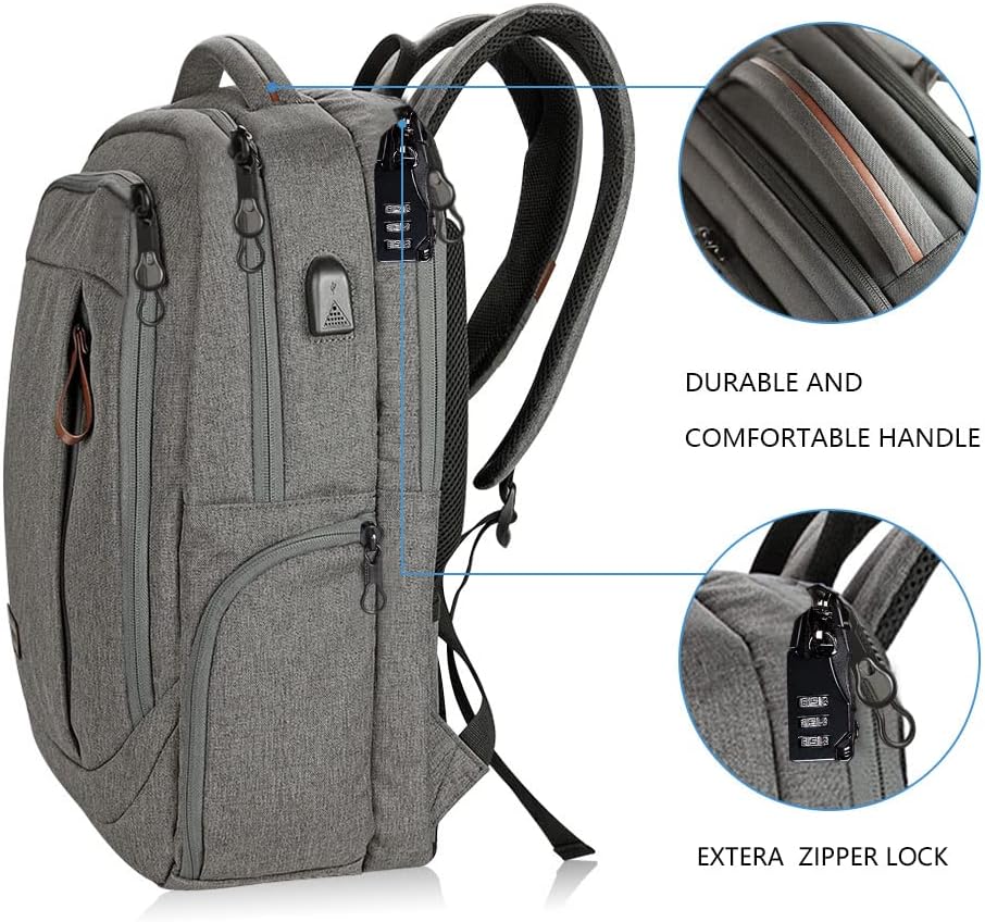 KROSER Laptop Backpack Large Computer Backpack Fits up to 17.3 Inch Laptop with USB Charging Port Water-Repellent Casual Daypack for Travel/Business/College/Women/Men-Grey