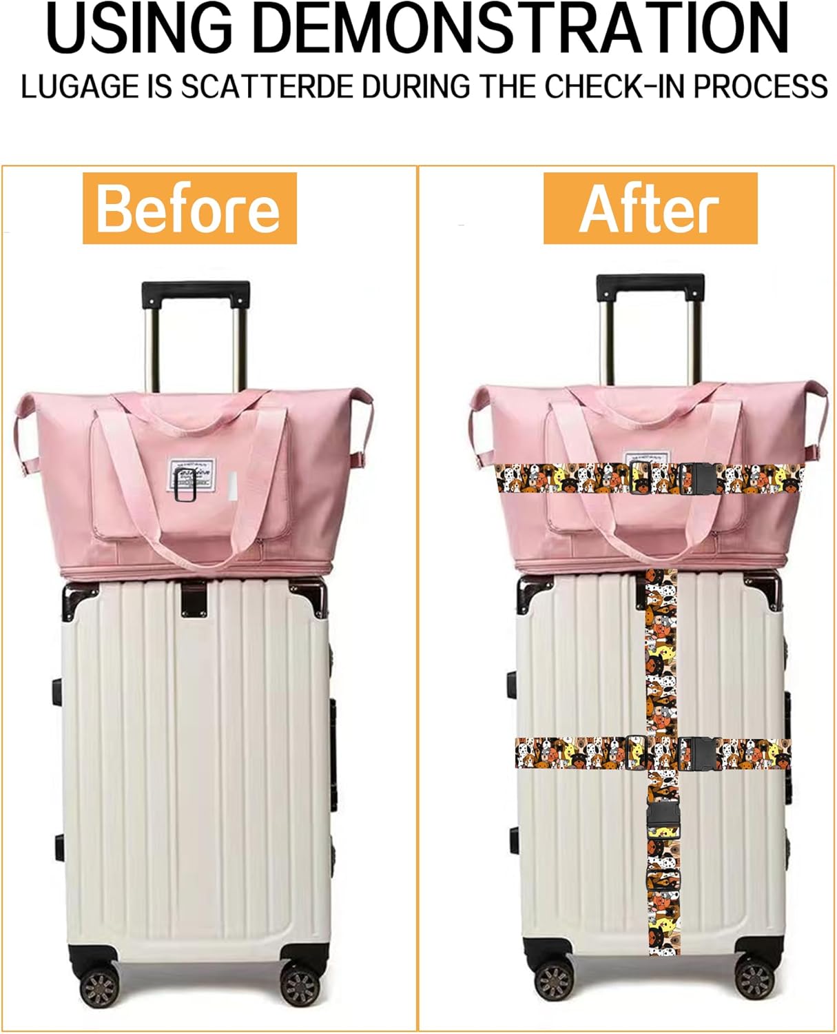 Luggage Straps for Suitcases, Adjustable Travel Belt, Durable Wide Luggage Strap, Cute Suitcase Strap Identifiers with Buckle, Bag Straps for Luggage, Cute Colorful Dogs