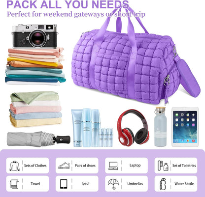Quilted Travel Duffle Bag Gym Bag for Women,Large Puffer Duffle Weekender Bag with Compartment,Workout Overnight Carry on Organizer Bag Duffle Bag for Airplane Travel(L-Purple)