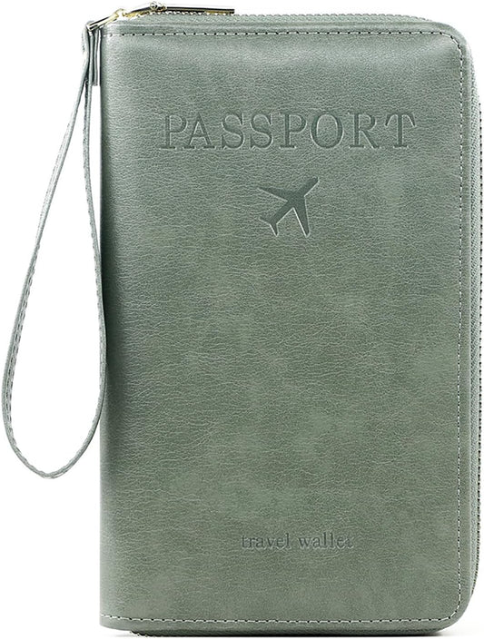 Rowgins Rfid Blocking Passport Holder Wallet, Rowgins Rfid Passport Holder with Zipper, PU Leather PassportHolder for Travel (GREEN)