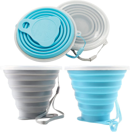 Litoexpe 2 Pack Silicone Collapsible Travel Cup Portable Folding Camping Cup Sets with Lids, Grey & Blue