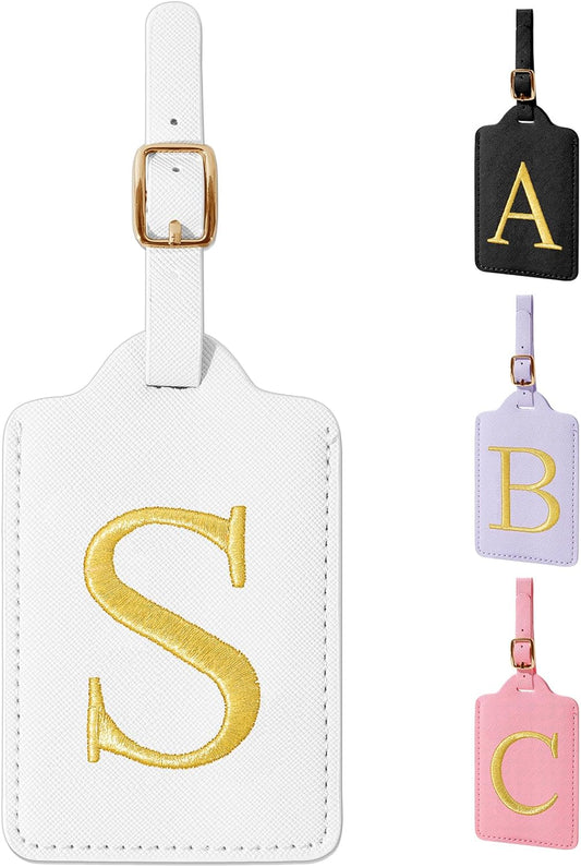 Personalized Initial Luggage Tags for Suitcase TSA Approved, White Leather Cute Luggage Tag with Privacy Cover Name Card, Embroidered Custom Luggage Tags Travel Baggage Tags Gifts for Women Kids(S)