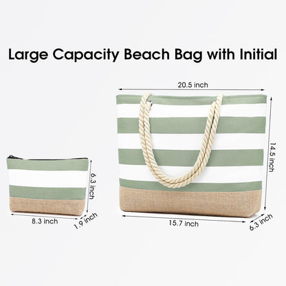 Becokan Beach Bag Initial Beach Tote with Makeup Bag for Travel Work Storage Personalized Birthday Gifts for Women Her