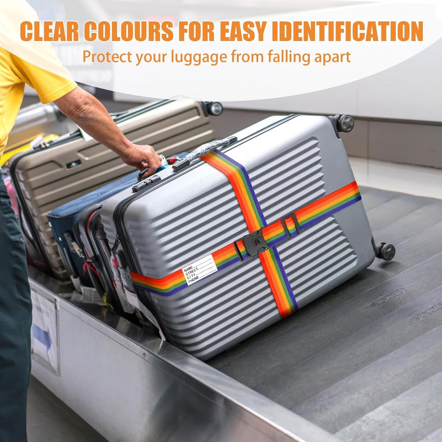 BILIONE Luggage Straps 88 inch Adjustable Suitcase Belt, Lockable Against Accidental Opening, Easy to Identify Travel Accessories, Add a Bag Connector (Vibrant Blue + Green, 4)