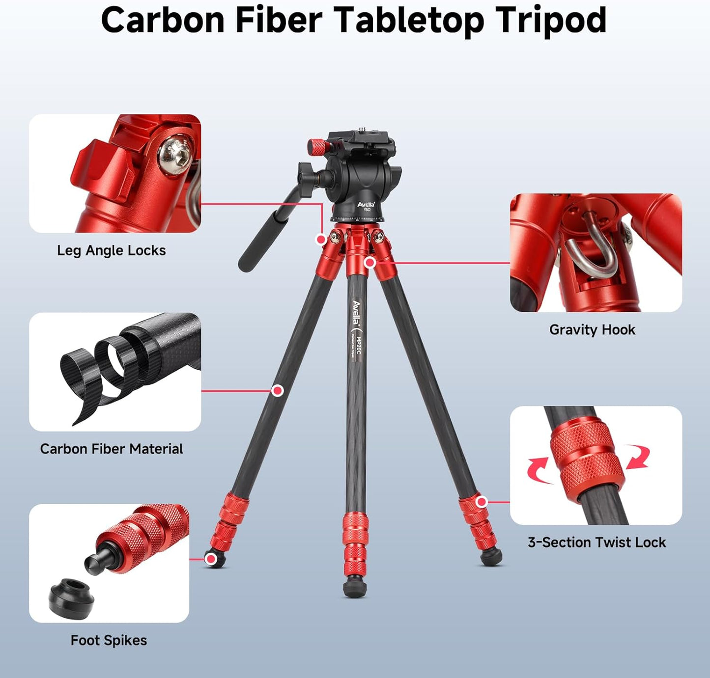 Avella Mini Carbon Fiber Camera Tripod MP20C, Portable Lightweight Tabletop, External Center Column Compact Design, Travel Tripod with 360°Ball Head and V Yoke Bracket for DSLR Camera