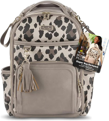 Itzy Ritzy Diaper Bag Backpack – Large Capacity Boss Plus Baby Backpack Diaper Bag Featuring 19 Pockets, Changing Pad, Stroller Clips, and Comfortable Straps (Leopard)