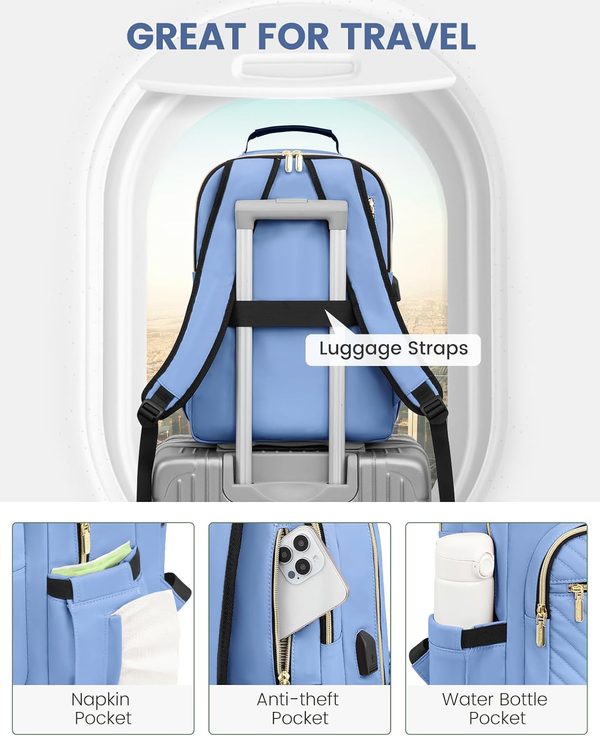 LOVEVOOK Laptop Backpack Purse for Women, Work Business Travel Computer Bags, College Nurse Backpack for Womens, Quilted Casual Daypack with USB Port, Fit 15.6 Inch Laptop, Blue