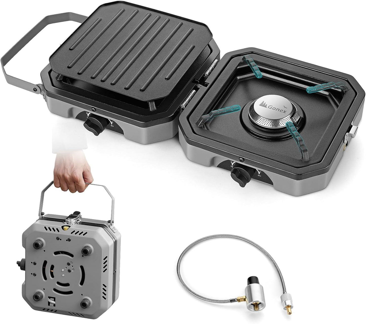 Gonex 2 Burner Propane Camping Stove with Griddle & Grates, Portable Foldable Cooking Stove with Total 16,000 BTU, Two Piezo Ignition Adjustable Burners for Camping, Patio, Emergency, Hiking (Grey)