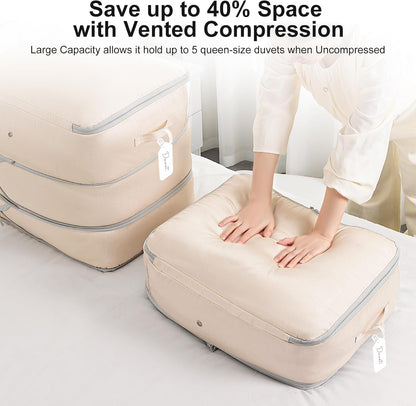 DIMJ Comforter Storage Bag - Large Capacity Ultra Space Saving Self Compression Organize for Duvet, Pillow, Bedding, Blanket Storage Organizer Nylon Compression Bags, Sheet Storage, Beige, 4 Pack