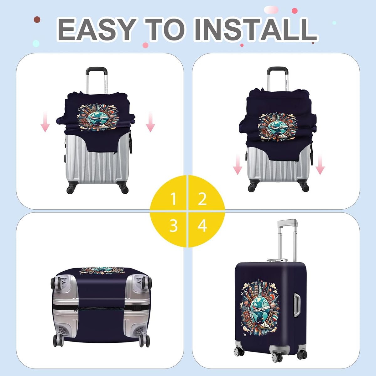 ANNA QUEEN World Landmarks Luggage Cover, Dark Travel-Themed Suitcase Protector with Airplane & Globe Design, Stretchable, Washable Luggage Sleeve for 32-34 Inch Suitcases