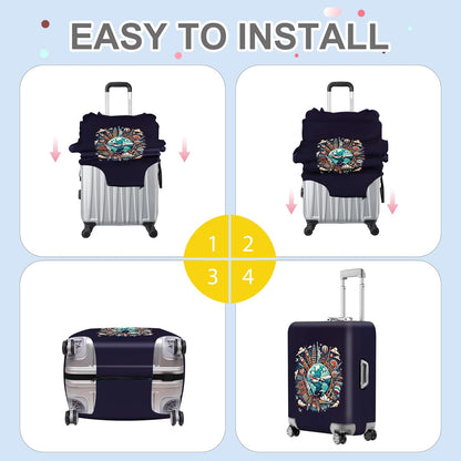 ANNA QUEEN World Landmarks Luggage Cover, Dark Travel-Themed Suitcase Protector with Airplane & Globe Design, Stretchable, Washable Luggage Sleeve for 32-34 Inch Suitcases