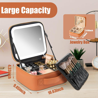Makeup Travel Train Case with Mirror LED Light 3 Adjustable Brightness Large Cosmetic Bag Portable Storage Adjustable Partition Waterproof Makeup Brushes Make up Jewelry Gift for Women