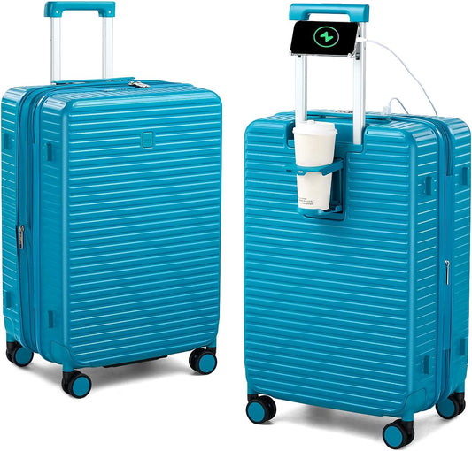 Hard Shell Suitcases Travel Expandable Luggage, 24 Inch Check in Luggage with Spinner Wheels Cup Holder Charger Built in, Checked Medium Suitcase Lightweight Suitcases, Caribbean Blue