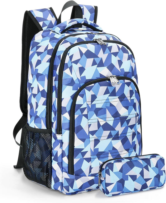 Della Gao College Laptop Backpack with Pencil Case, Digital Check Pattern Travel Backpack for Men, Waterproof Computer Back Pack for Travel, Business, Work, College (Blue-RH, 15.6 Inch)