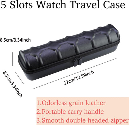 Juntan 5 Slots Hard Watch Travel Case, Portable PU Leather Zipper Storage Organizer Box for Men Women with Soft Compressible Foam Pillow Black