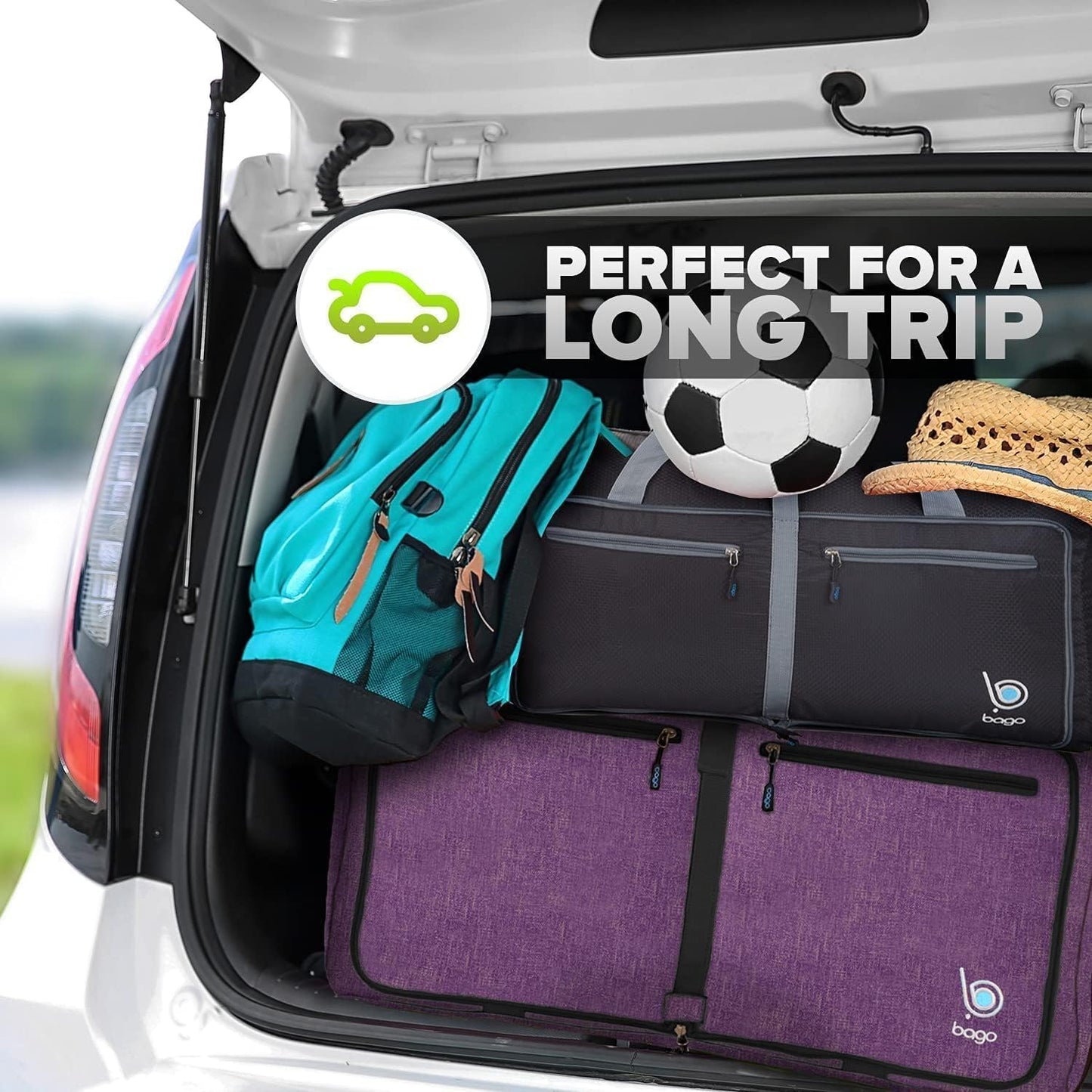 Bago Foldable Duffel Bags for Traveling Women & Men - 60L Medium Packable Duffle Bag for Travel with Shoe Compartment - Water Repellant, Heavy Duty, Lightweight Folding & Collapsible (SnowDepPurple)