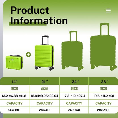 AnyZip 21" Carry On Luggage and 14" Mini Cosmetic Cases Luggage Set Hardside PC ABS Lightweight USB Suitcase with Wheels TSA (2-Piece Set (14/21),AppleGreen)