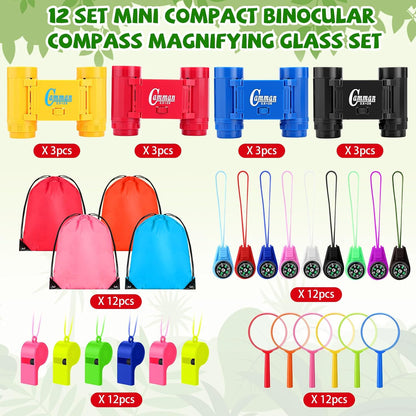 12 Set Binocular Compass Magnifying Glass Set Christmas Birthday Gift Small Telescope Binocular with Whistle Bag for Outdoor Exploring Stocking Stuffer(Assorted Color,Novelty)