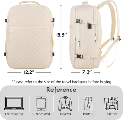 MOMUVO Large Travel Backpack Women, Flight Approved Carry On Backpack, Water Resistant Anti-Theft Large Casual Daypack Fit 17 Inch Laptop with USB Charging Port, Beige