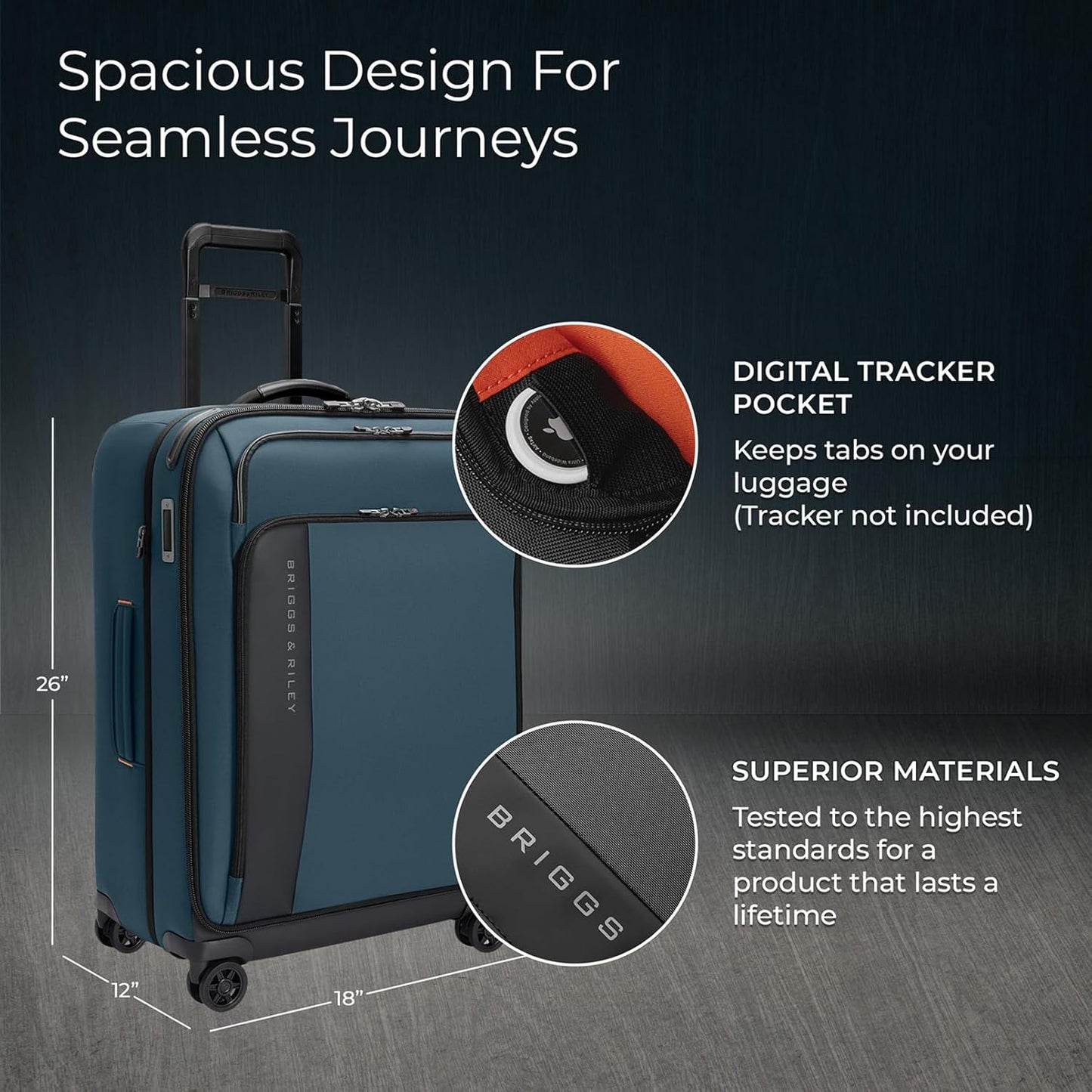 Briggs & Riley 26" Medium Expandable Spinner - Checked Luggage for Travel, Suitcases with Wheels, Softside Rolling Bag for Men & Women - ZDX Collection, Ocean