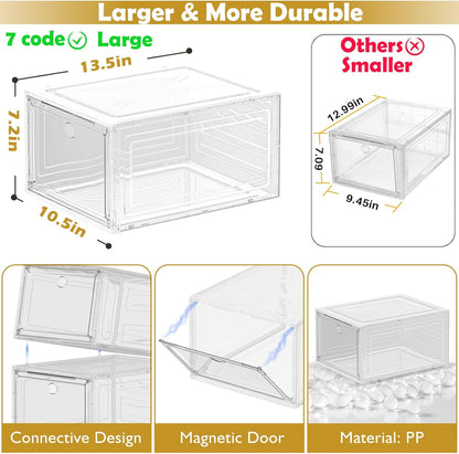 Thicken & Sturdy Clear Shoe Storage Organizer with Magnetic Door, Stackable Boxes for Closet, Foldable Space-Saving Shoe Rack for Sneaker Boot Container, Plastic Shoe Cabinet Shoe Box 6 Pack, White