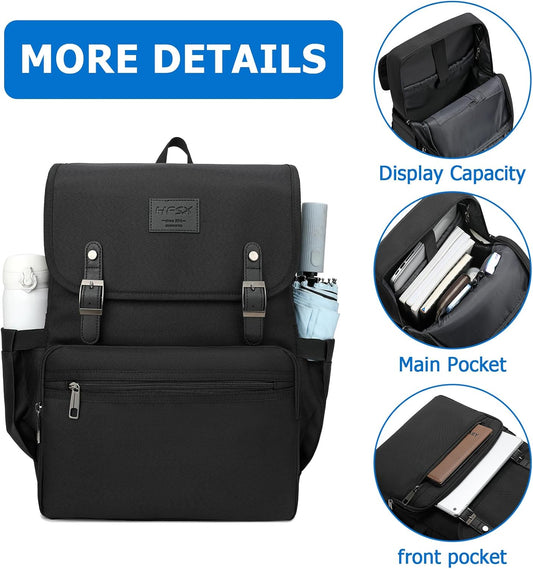 HFSX Vintage College Laptop Backpack for Women & Men - with USB Charging Port (Black, Fits 15.6 inch Notebook)