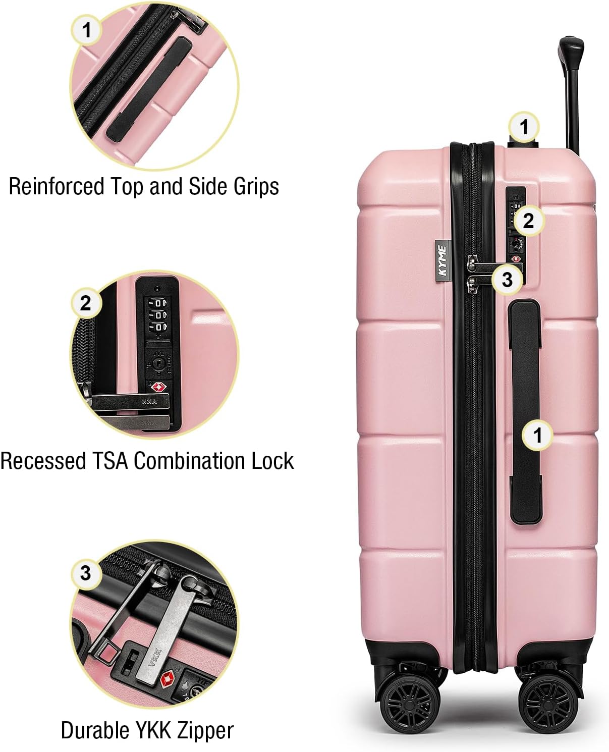 KYME Pink Hardside Carry On Luggage 22x14x9 Airline Approved with TSA Lock Hardshell Carry-On Suitcase with Wheels Travel Rolling 22 inch Luggage with Cup Holder for Women