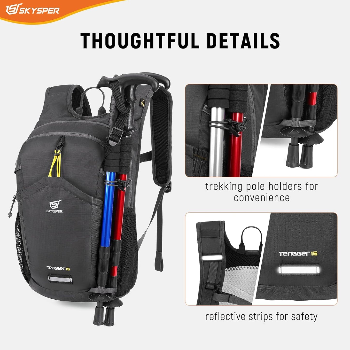 SKYSPER Hiking Backpack 15L Lightweight Walking Daypack for Camping Travelling Daytrip Small Trail Bagpack for Men Women