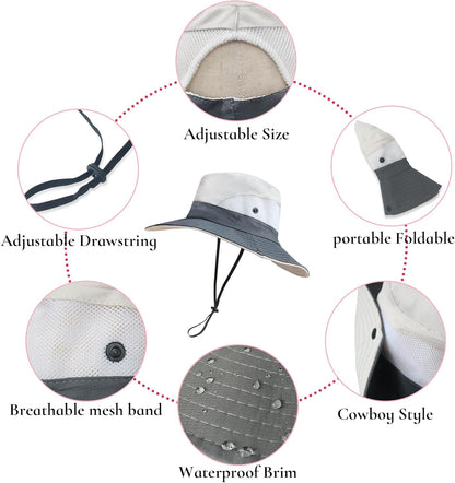 NPQQUAN Ponytail Sun Bucket Hats for Women Men Wide Brim UPF 50+ Fishing & Beach Hats