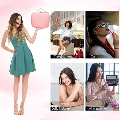 Travel Makeup Bag with LED Mirror Travel Makeup Organizer with 3 Lighted Settings, Adjustable Dividers and Makeup Brush Storage Bag Pink