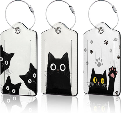 Black Cat Luggage Tag for Suitcase,Design with Privacy Flap Name ID Label Metal Loop, 3 Pack