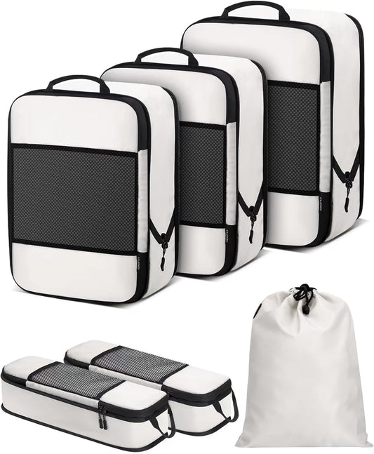 6 PCS Set Compression Packing Cubes for Travel, Lightweight Packing Organizer Bags Travel Essentials for Carry On, Suitcase, Home Closet - Beige